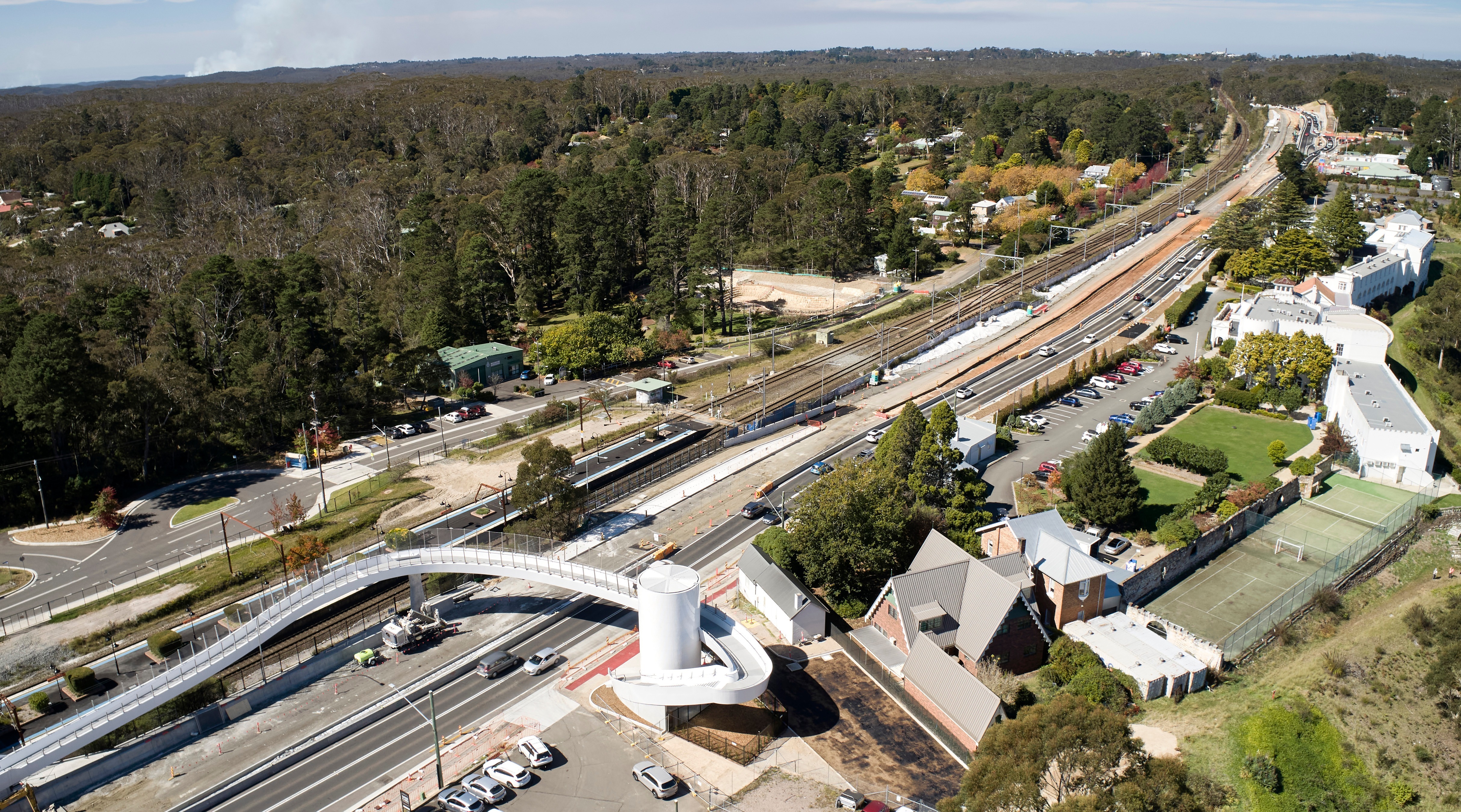 Medlow Bath Upgrade - aerial photo including new pedestrian bridge