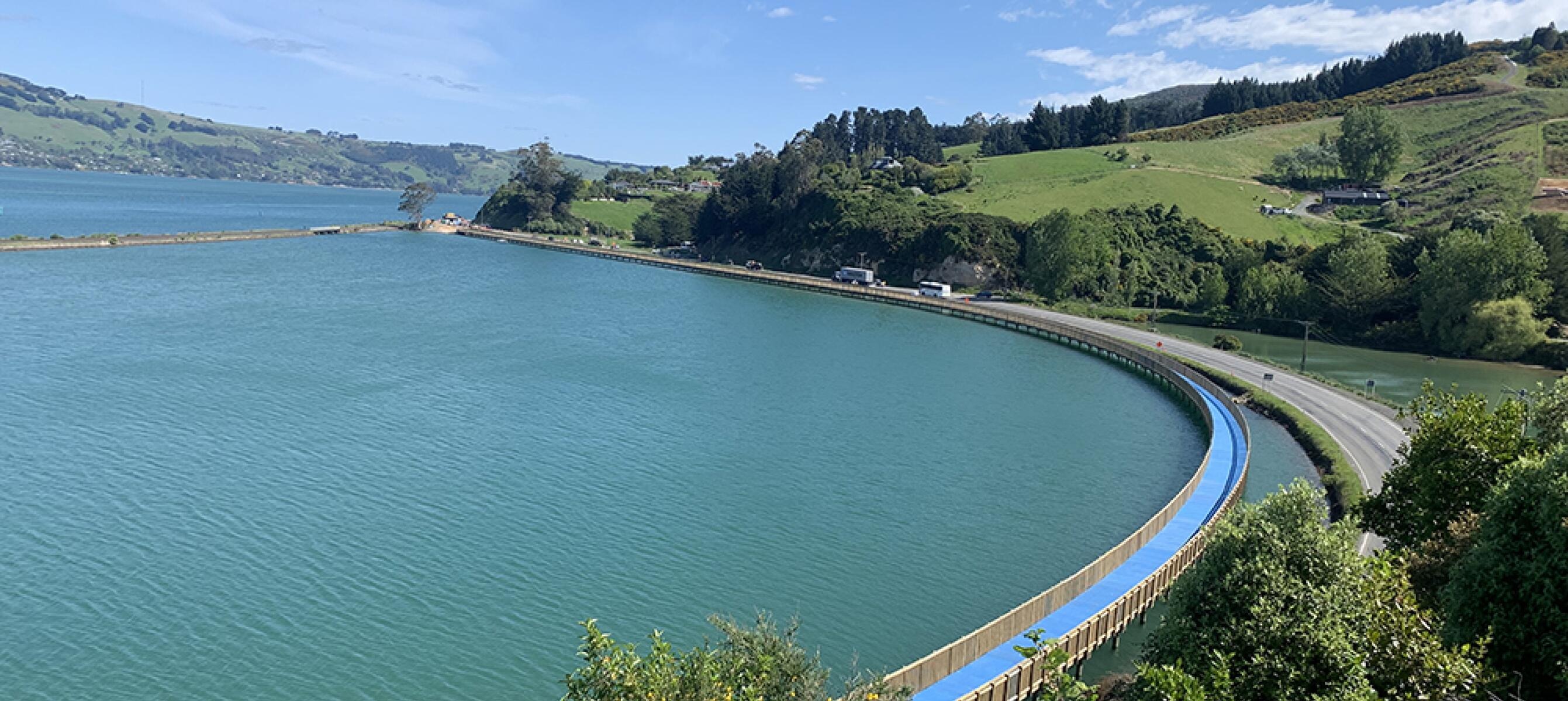 Aerial view of the SH88 coastal shared path and highway along Otago Harbour between Dunedin and Port Chalmers